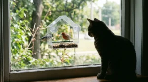 free window enrichment for cats — suction cup bird feeder attached to apartment window with birds feeding showing free passive enrichment source