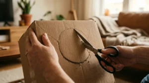 cardboard box cat tunnel DIY — close-up of a hand cutting a clean circular hole in a cardboard box side showing the simple assembly process