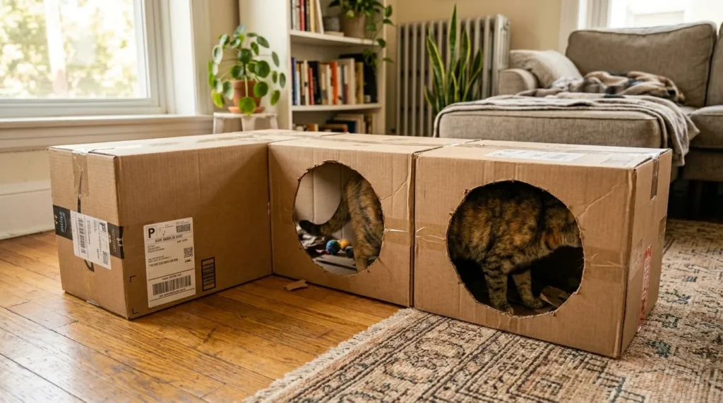free cat enrichment at home cardboard box maze — cat moving through connected cardboard boxes with holes cut between them showing DIY tunnel enrichment