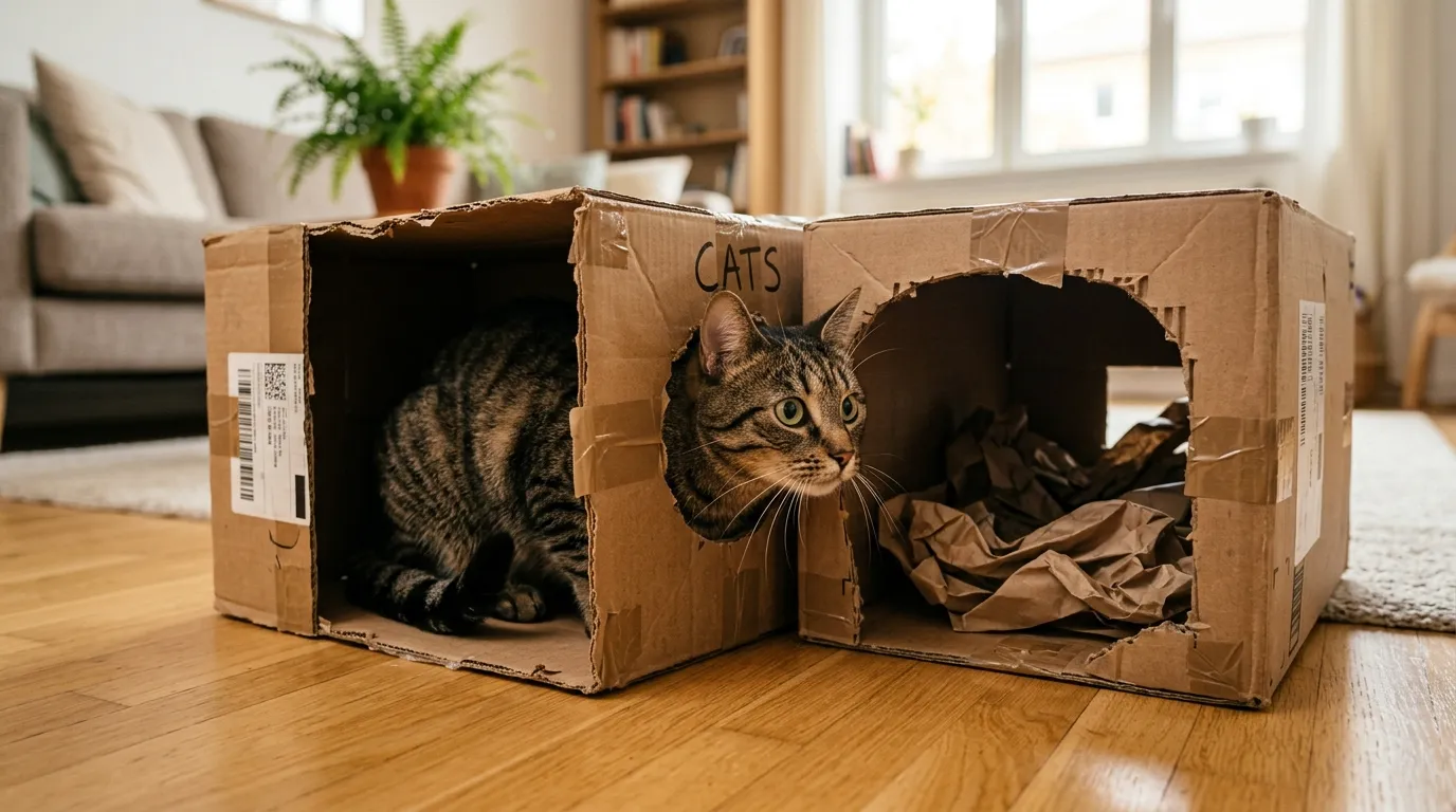 free cat enrichment ideas at home — cat hunting through a cardboard box maze built from recycled boxes on an apartment floor showing zero-cost enrichment