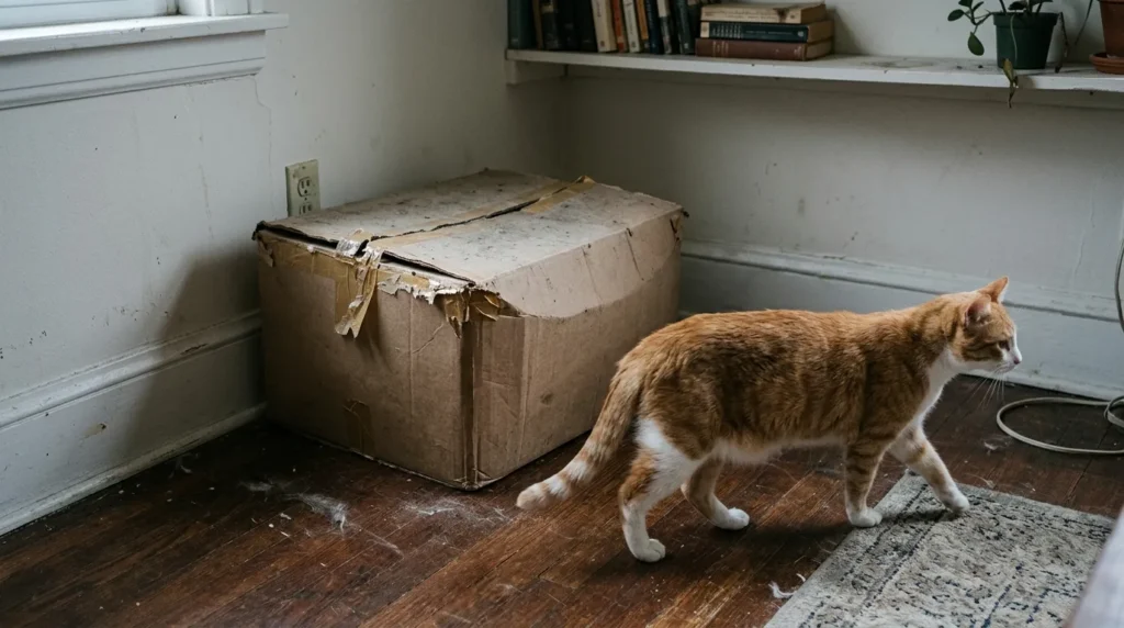 free cat enrichment mistake at home — same cardboard box sitting in the same spot for two weeks with a cat walking past ignoring it showing habituation from no rotation