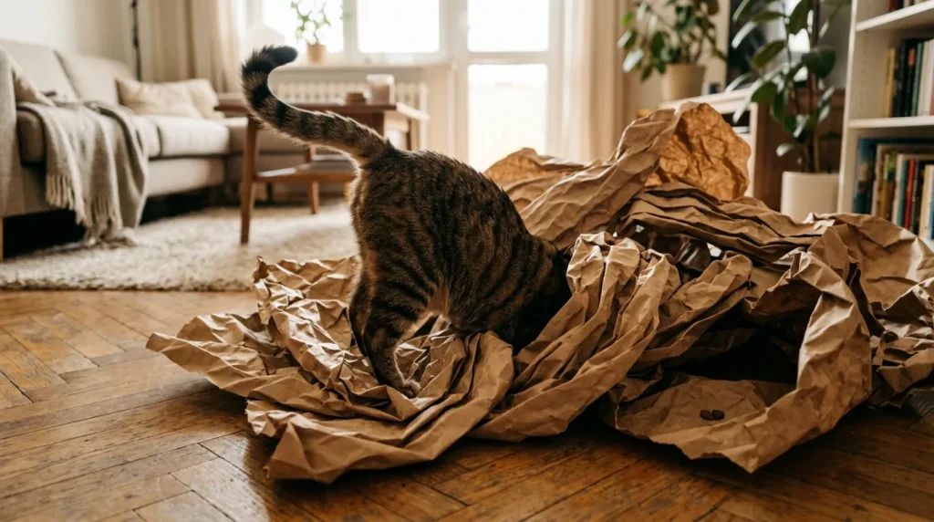 free cat enrichment packing paper at home — cat burrowing into a pile of crinkled packing paper with a treat hidden inside showing sensory and foraging enrichment 