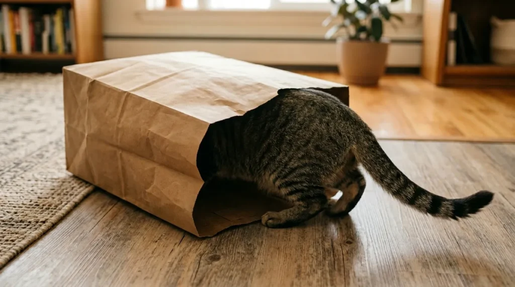 free cat enrichment paper bag at home — cat fully inside an open paper bag on apartment floor exploring the interior showing the simplest DIY enrichment setup