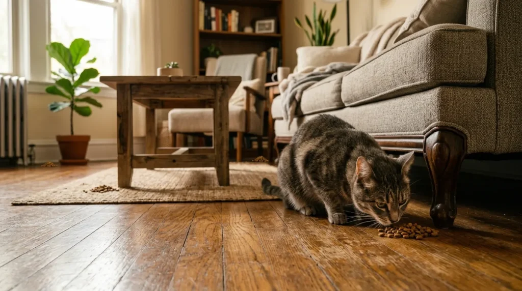 free cat enrichment scatter feeding at home — cat hunting for kibble hidden in five different apartment spots showing foraging behavior replacing bowl feeding