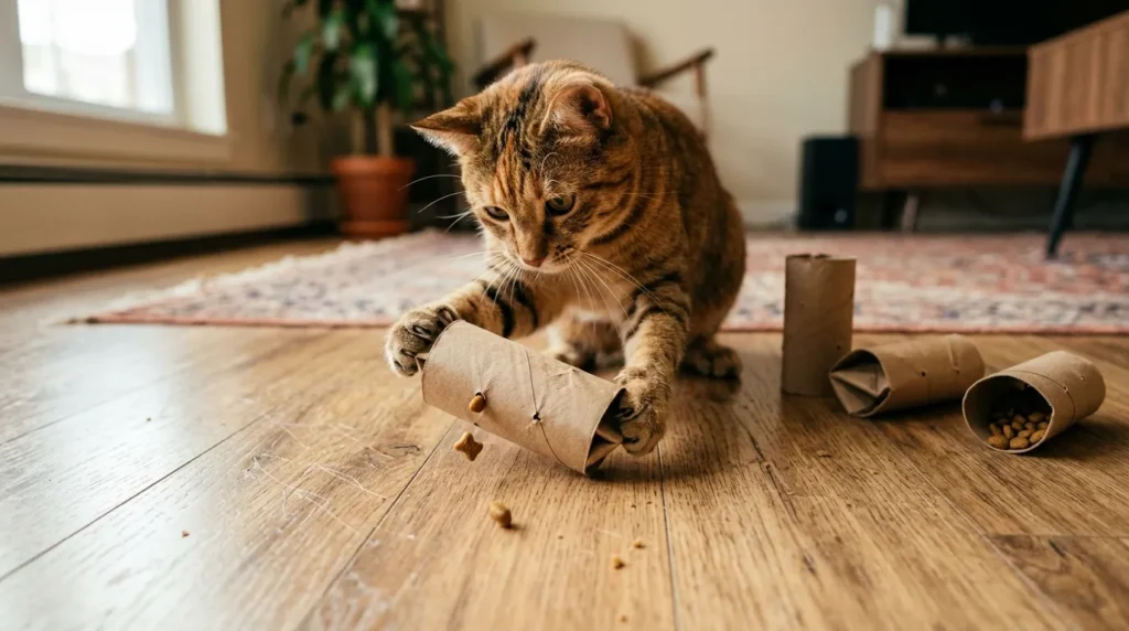 free cat enrichment toilet roll treat dispenser — cat batting a toilet paper roll with folded ends sending kibble onto the apartment floor from the DIY dispenser