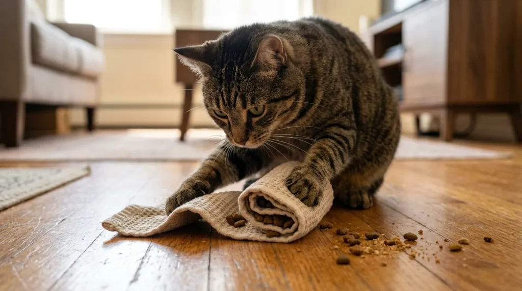 free cat enrichment towel burrito at home — cat unrolling a towel burrito to find hidden treats showing foraging problem-solving from a free household item 