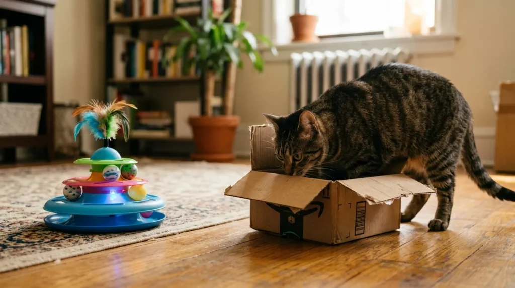 free cat enrichment ideas at home why it works — cat ignoring an expensive purchased toy while investigating a cardboard box showing the preference for novelty over cost