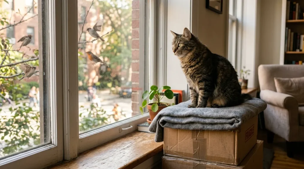 free cat enrichment window setup at home — cat watching birds at a window from a stacked box perch showing zero-cost window enrichment