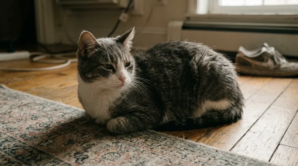 grooming neglect sign do indoor cats get depressed — indoor cat with dull unkempt coat lying on apartment floor with flat expression