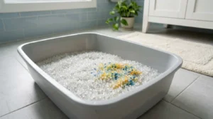 crystal litter depth guide — crystal silica litter in a litter box at correct 2 inch depth showing urine absorption