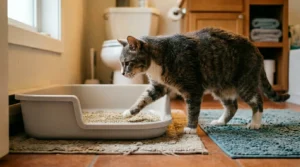 kitten and senior cat litter depth — older cat stepping easily into a litter box with shallower litter showing low entry accessibility