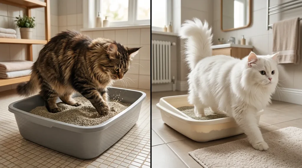 litter depth by cat type — side by side comparison of a large Maine Coon and a fluffy Persian in litter boxes with different fill levels