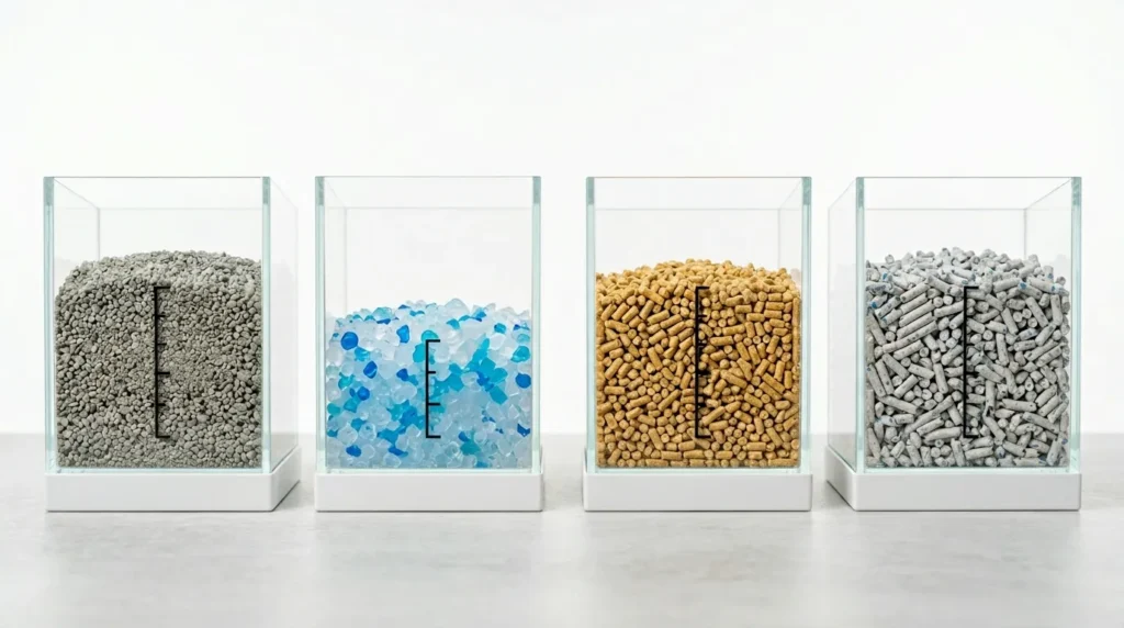 cat litter depth by type — four different litter types shown side by side in small boxes with depth markers showing correct fill levels