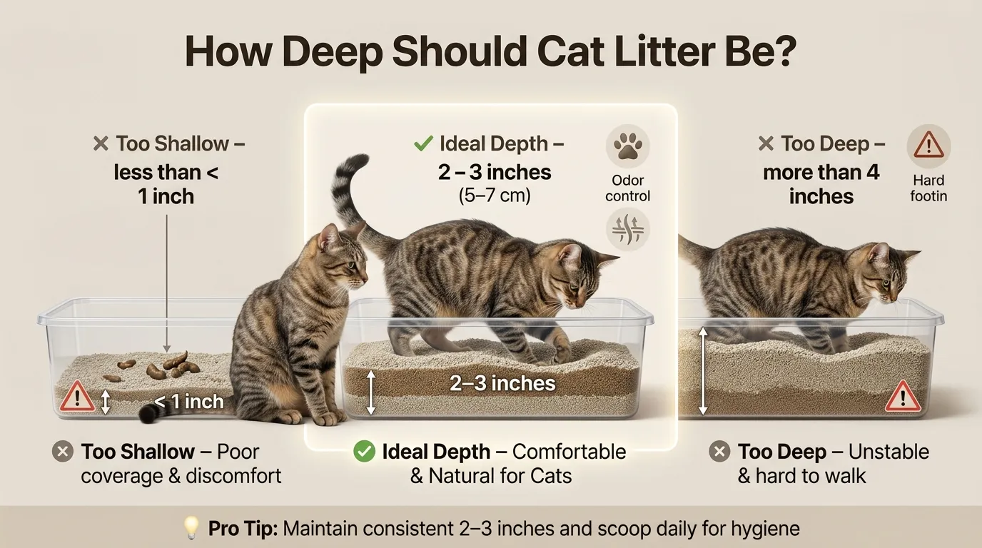 how deep should cat litter be — close-up of a large clean litter box with fresh litter filled to the correct 2 to 3 inch depth with a ruler showing measurement
