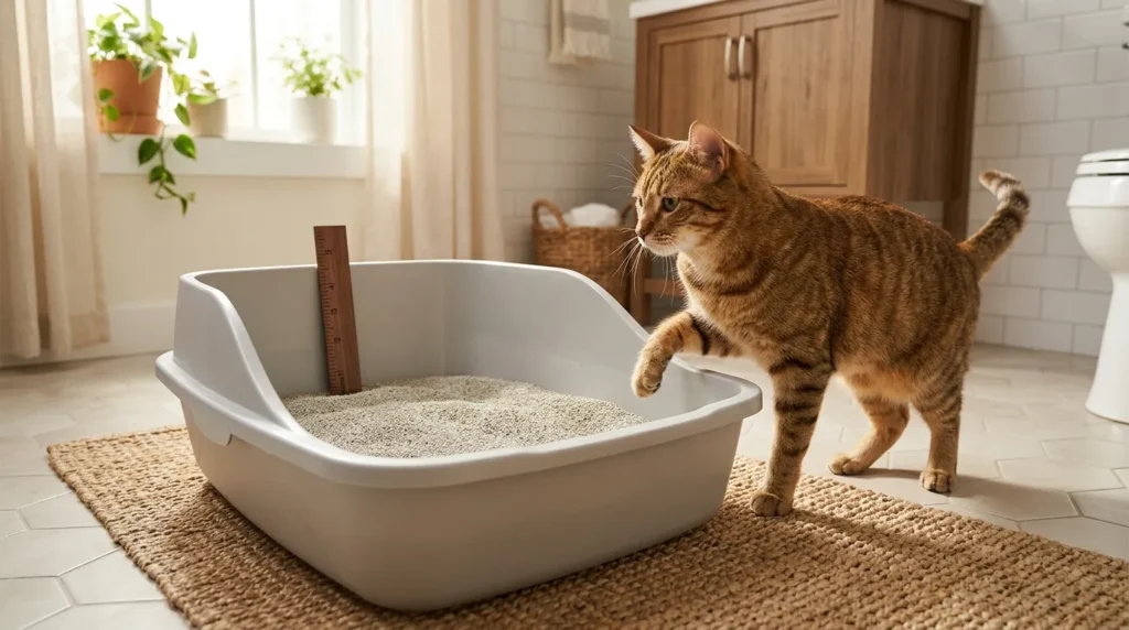 how deep should cat litter be — close-up of a large clean litter box with fresh litter filled to the correct 2 to 3 inch depth with a ruler showing measurement
