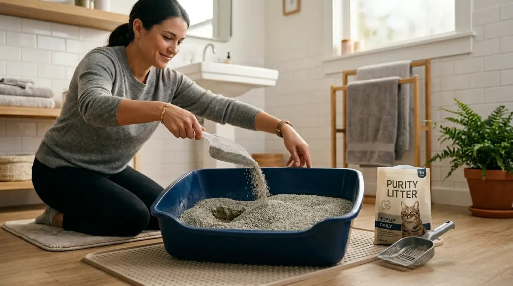 cat litter depth maintenance — owner topping up litter box with fresh litter after daily scooping to restore correct depth level 