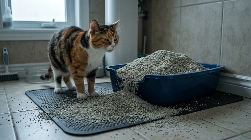 litter depth mistake — cat standing beside an overfilled litter box with litter spilling over the sides showing too much litter problem