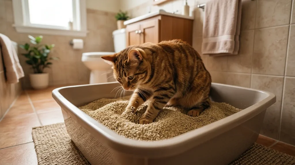 why cat litter depth matters — cat digging confidently in a properly filled litter box showing natural burying behavior