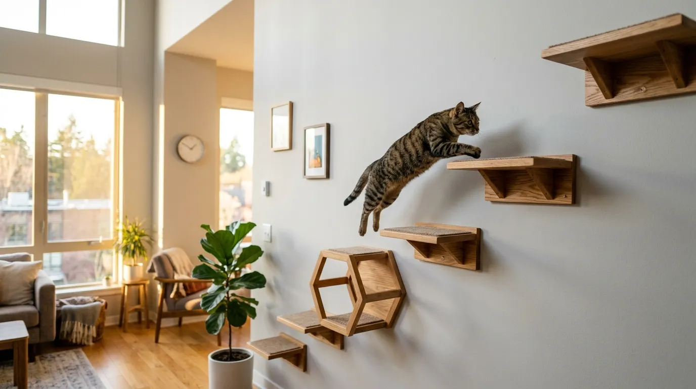 how high should cat wall shelves be — tabby cat mid-leap between staggered wooden shelves on apartment wall