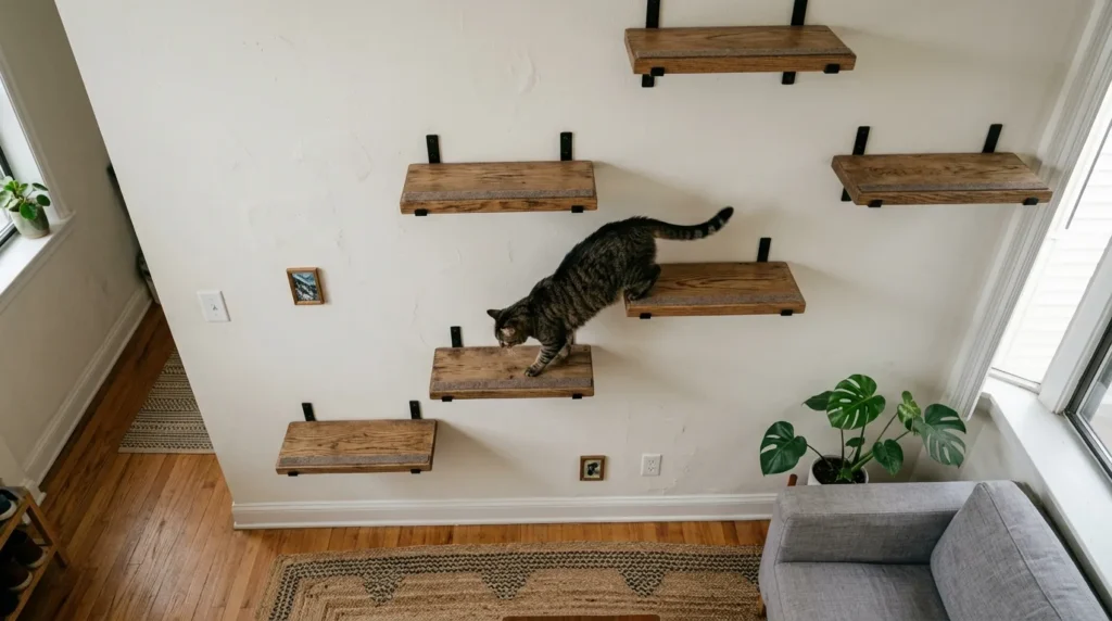 cat wall shelves horizontal stagger pattern — top view of zigzag shelf layout with 18 inch horizontal offset on apartment wall