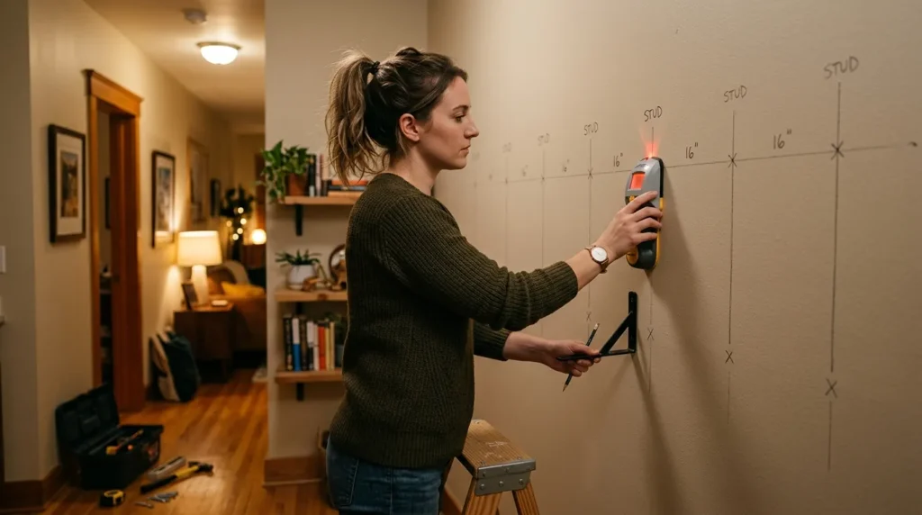 cat wall shelves installation stud finding — person using stud finder before installing shelf brackets on apartment wall
