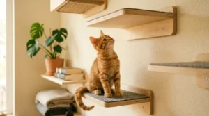cat wall shelves spacing for kittens — kitten confidently eyeing next shelf 10 inches above on apartment wall system