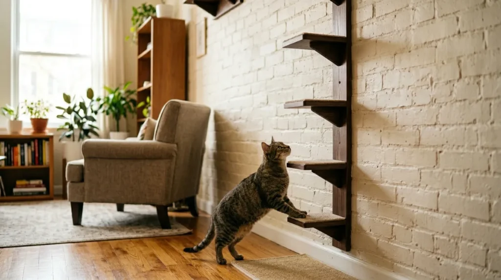 cat wall shelves ladder installation mistake — cat hesitating at base of vertical ladder pattern instead of staggered zigzag layout