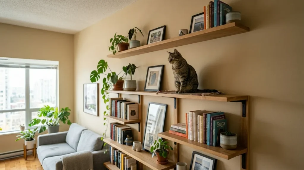 how high should cat wall shelves be peak height — cat sitting relaxed on highest shelf 7 feet up with adequate ceiling headroom