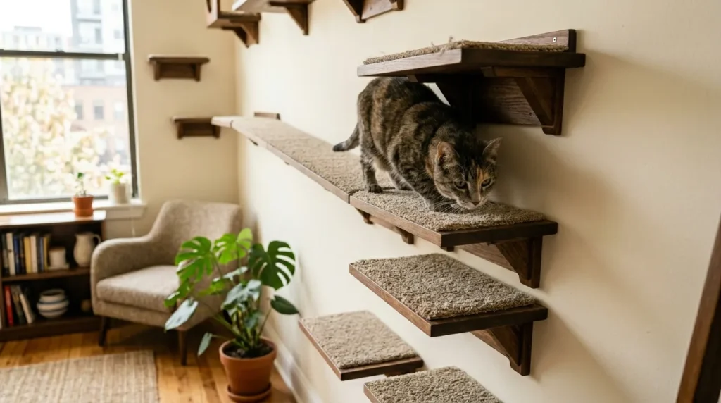 cat wall shelves spacing for senior cats — older cat confidently using closely spaced shelves 10 inches apart on apartment wall