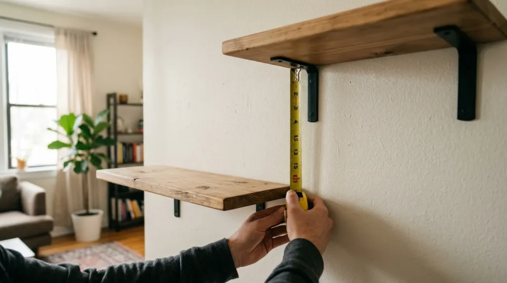 how high should cat wall shelves be vertical spacing — measuring tape between two staggered apartment wall shelves showing 15 inch gap