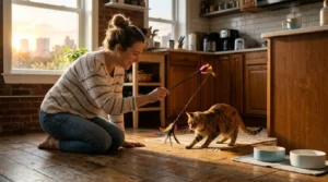 morning play session indoor cat — owner playing wand toy with alert cat at dawn in apartment kitchen before the morning meal 