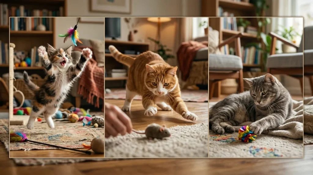 indoor cat daily play hours by age — kitten playing intensely versus adult cat in focused session versus senior cat in gentle short play showing the three stages