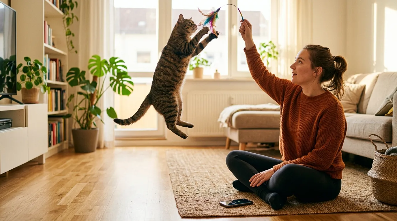 how many hours to play with indoor cat — owner on apartment floor actively playing wand toy with an engaged leaping cat during a focused daily session