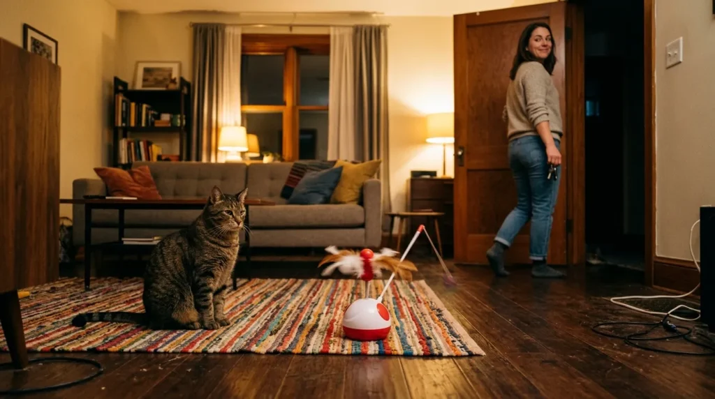 indoor cat play mistakes — owner leaving automated toy running while cat ignores it showing passive toys do not replace active daily play sessions