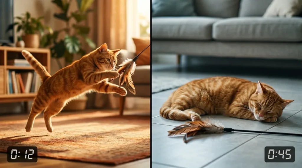 how many hours to play with indoor cat real answer — split image showing a clock at 15 minutes beside an engaged playing cat versus a clock at 60 minutes beside a disengaged bored cat