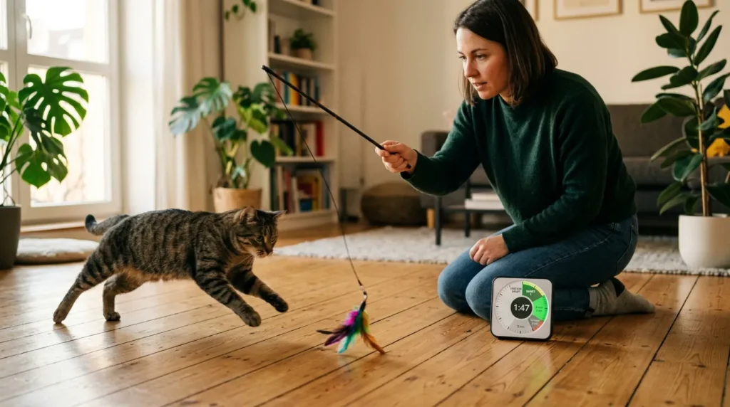 indoor cat play session guide — owner using wand toy in two-minute burst then pausing then resuming showing the burst and pause session structure