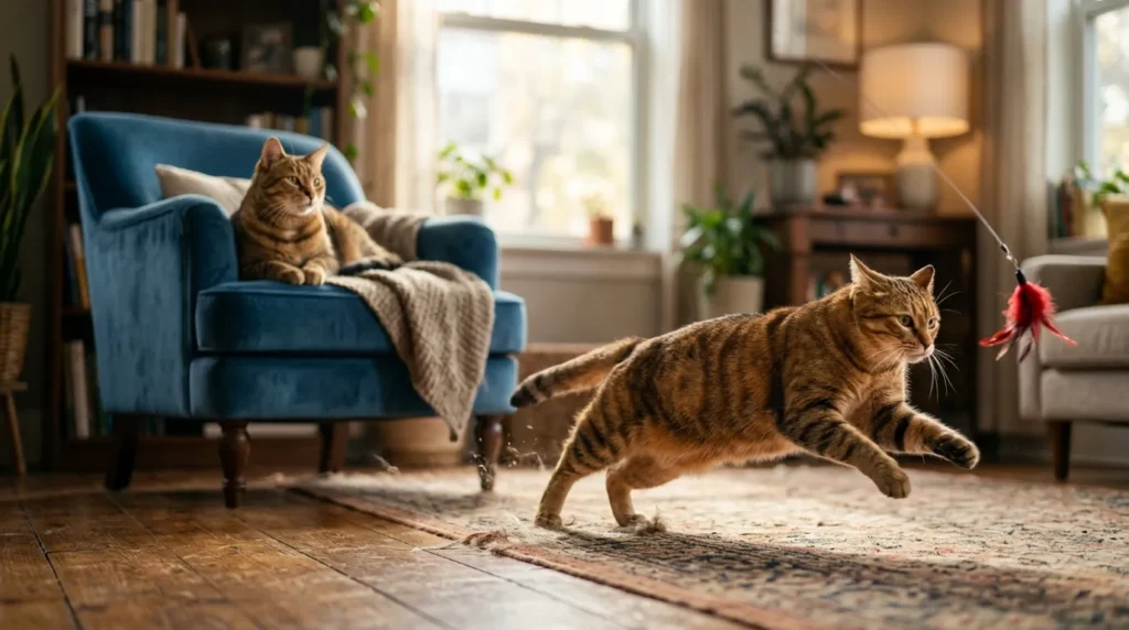 indoor cat play session structure — cat mid-sprint in a two-minute burst then resting showing the burst and pause pattern that matches feline biology