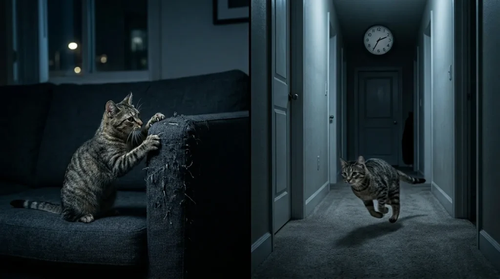 signs indoor cat not getting enough daily play — cat scratching furniture at night and cat running frantically at 2am showing the behavioral signals of insufficient play