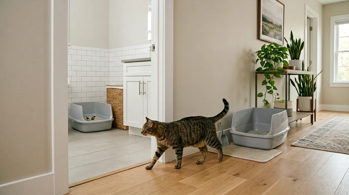 how many litter boxes for one cat — two clean open litter boxes positioned in different rooms of a tidy apartment with a single cat moving between them