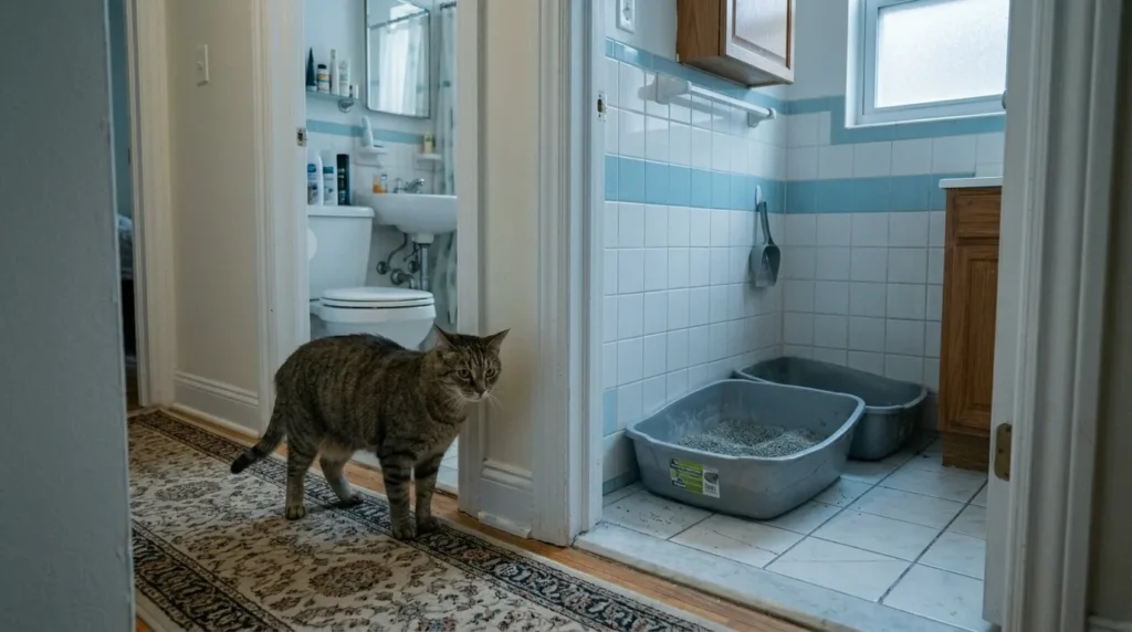 single cat litter box mistakes — two litter boxes placed side by side in the same bathroom corner showing the most common placement error