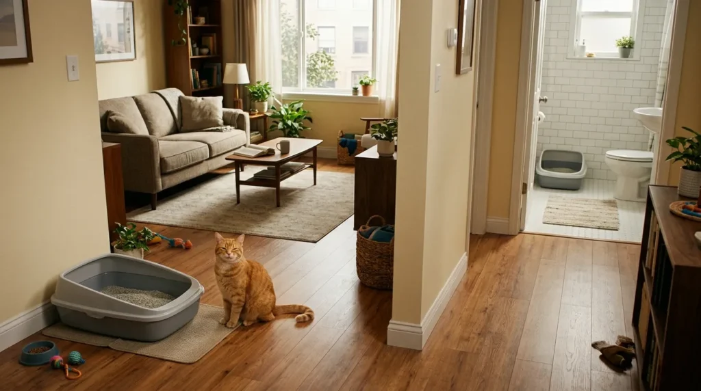 how many litter boxes for one cat N plus one rule — single cat with two clean litter boxes positioned in different apartment rooms showing the correct setup