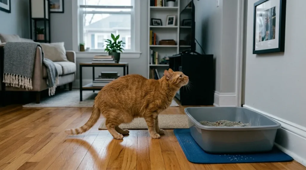 one litter box problems single cat — cat sniffing a single litter box and turning away showing avoidance with no second option available