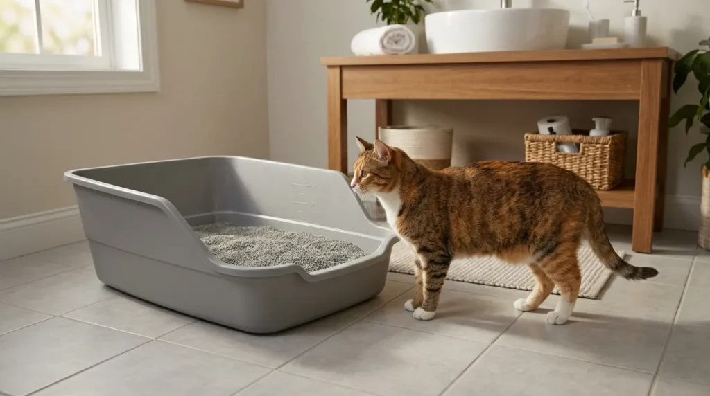 litter box size type one cat — extra large open high-sided litter box beside a cat showing correct sizing at one and a half times cat length