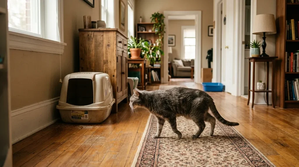 when single cat needs third litter box — senior cat with stiff gait walking slowly toward a nearby litter box showing need for closer access