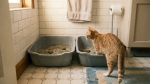 wrong litter box placement one cat — two litter boxes placed side by side showing incorrect adjacent placement that cats treat as one resource