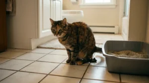 single cat litter box avoidance — cat eliminating on bathroom floor beside a litter box showing the result of insufficient litter box access