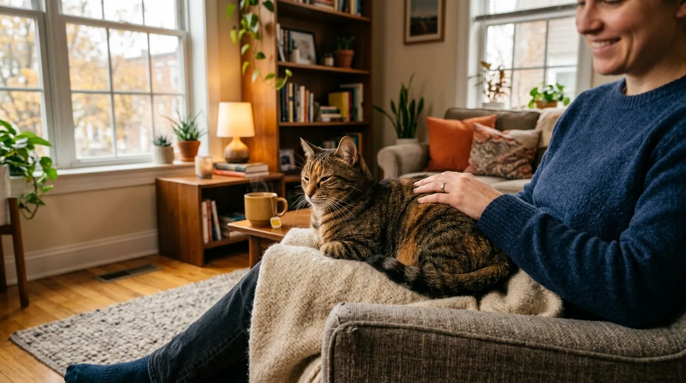 how much attention does an indoor cat need — tabby cat sitting on owner's lap in a cozy apartment living room
