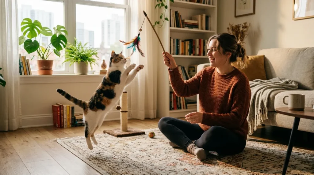 how much attention does indoor cat need daily — owner playing wand toy with cat on apartment floor in morning light