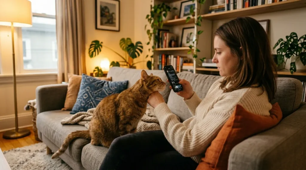  indoor cat attention mistakes — owner ignoring cat while scrolling phone with cat trying to get attention nearby