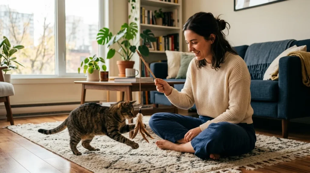 indoor cat quality attention — owner sitting on floor giving focused playtime to a tabby cat with feather toy